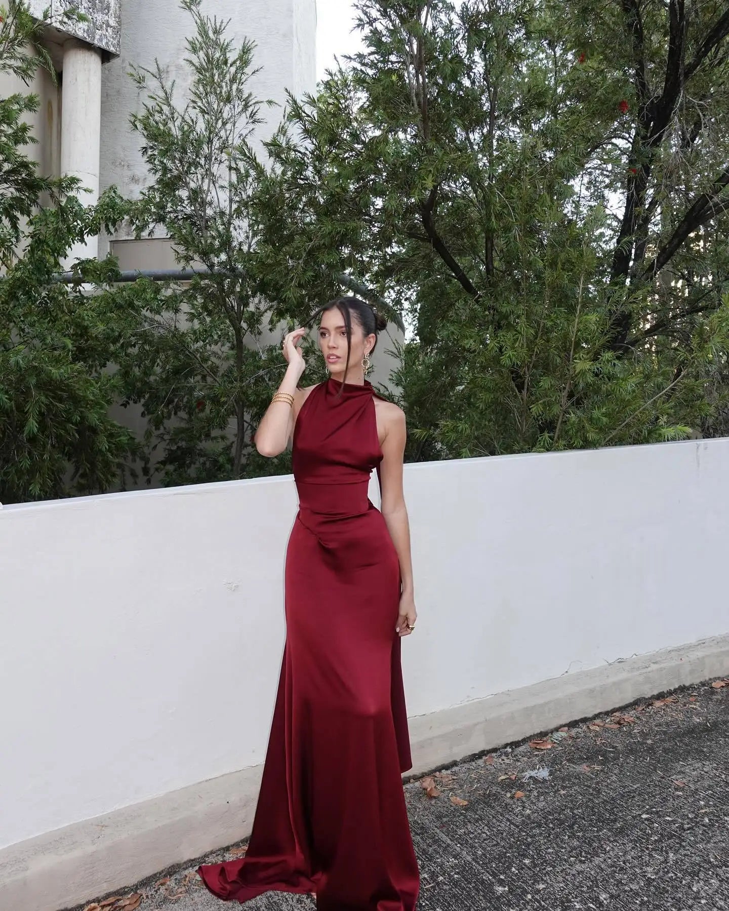 High-Neck Satin Backless Gown with Scarf Detail