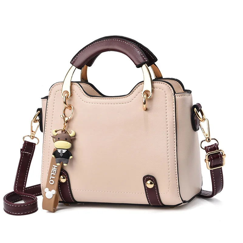 Chic Duo-Tone Top Handle Satchel with Bull Charm