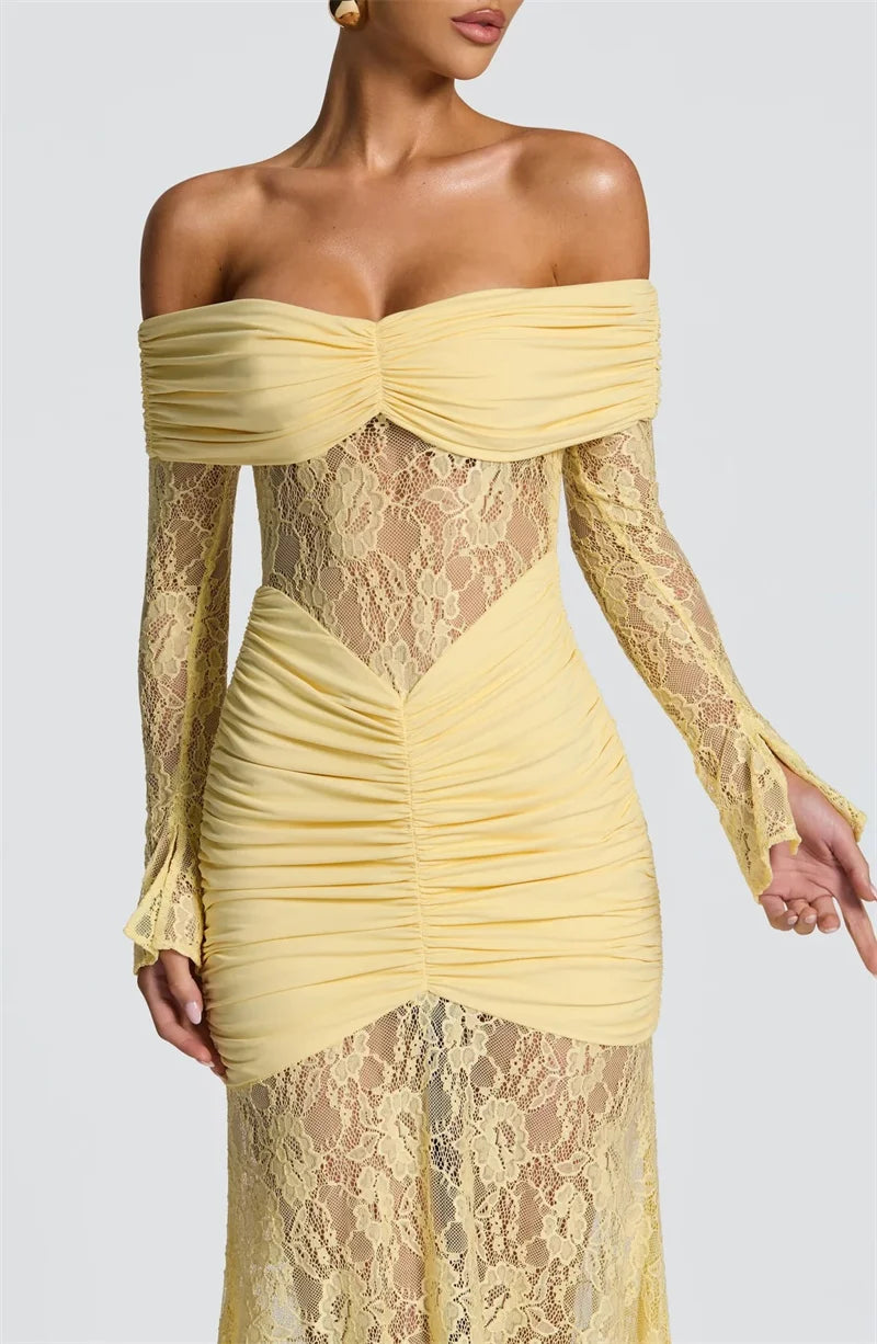 Lace & Ruched Off-The-Shoulder Evening Gown