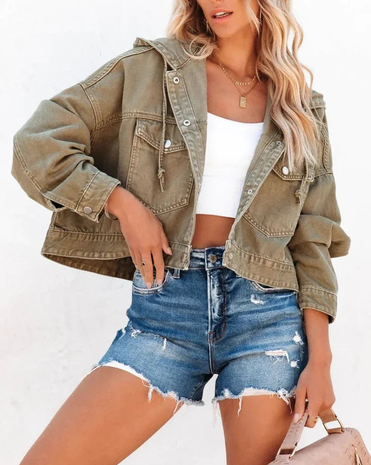 Cropped Hooded Denim Jacket