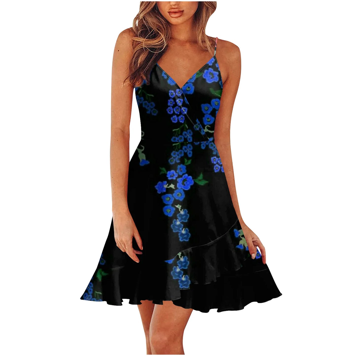Floral V-Neck Spaghetti Strap Mini Dress with Ruffle Hem