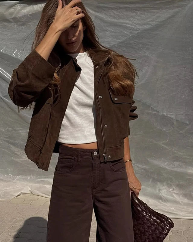 Faux Suede Cropped Bomber Jacket