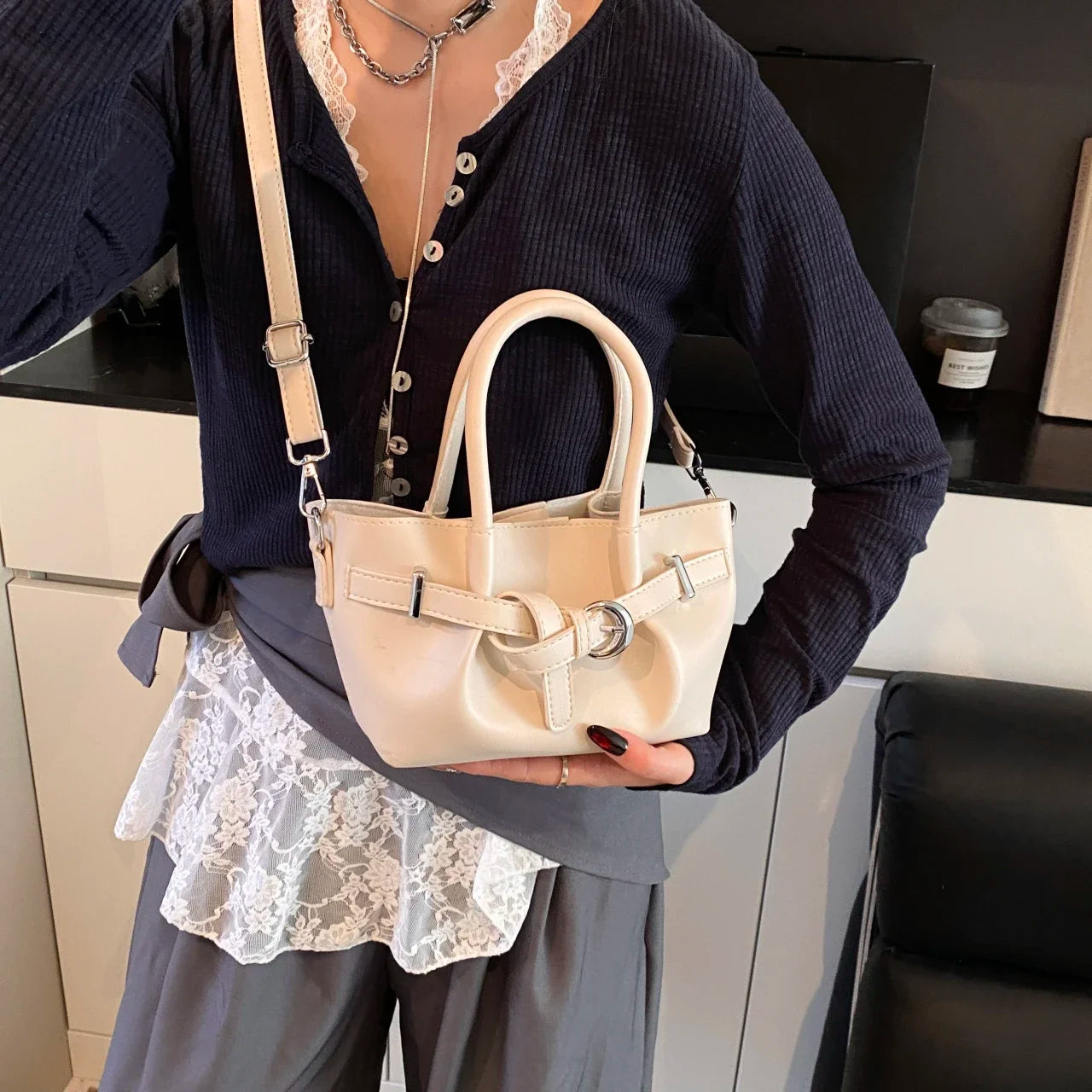 Minimalist Belted Vegan Leather Tote – Chic Top-Handle Mini Bag