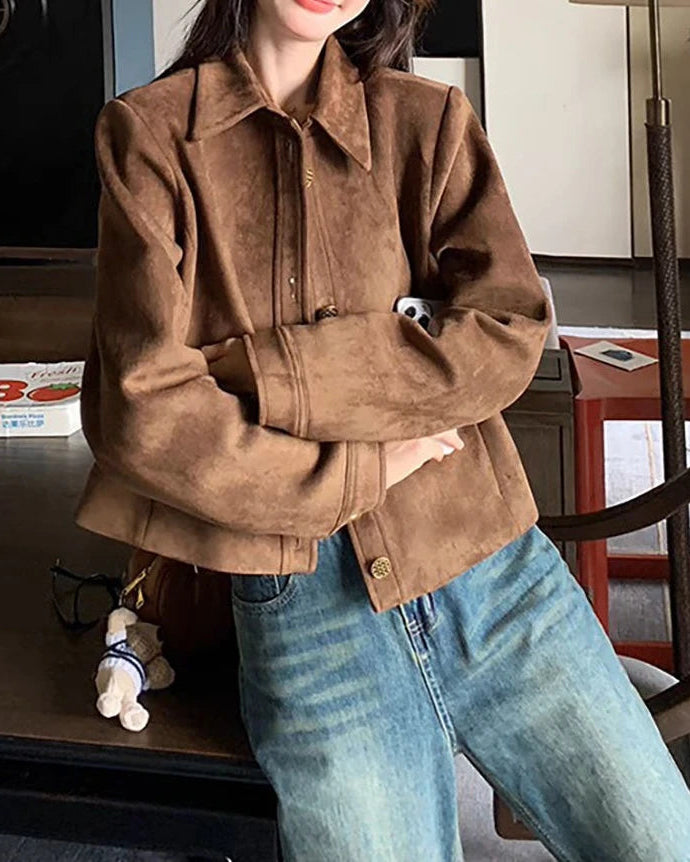 Vintage-Inspired Faux Suede Cropped Jacket