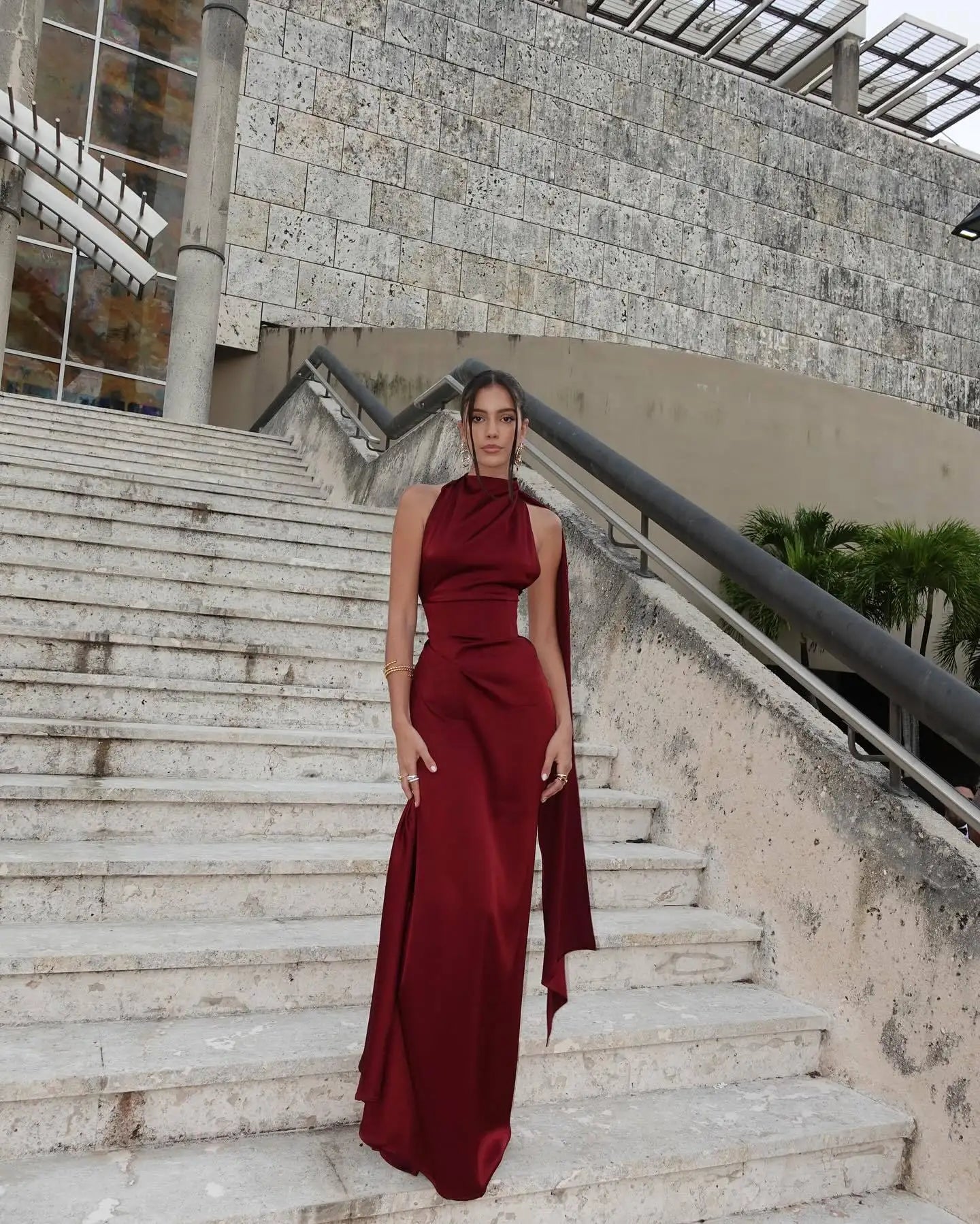 High-Neck Satin Backless Gown with Scarf Detail
