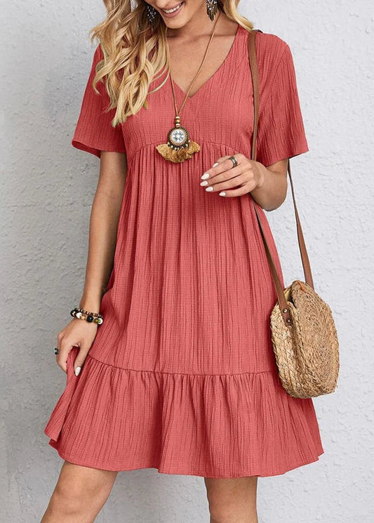 Boho V-Neck Textured Babydoll Mini Dress