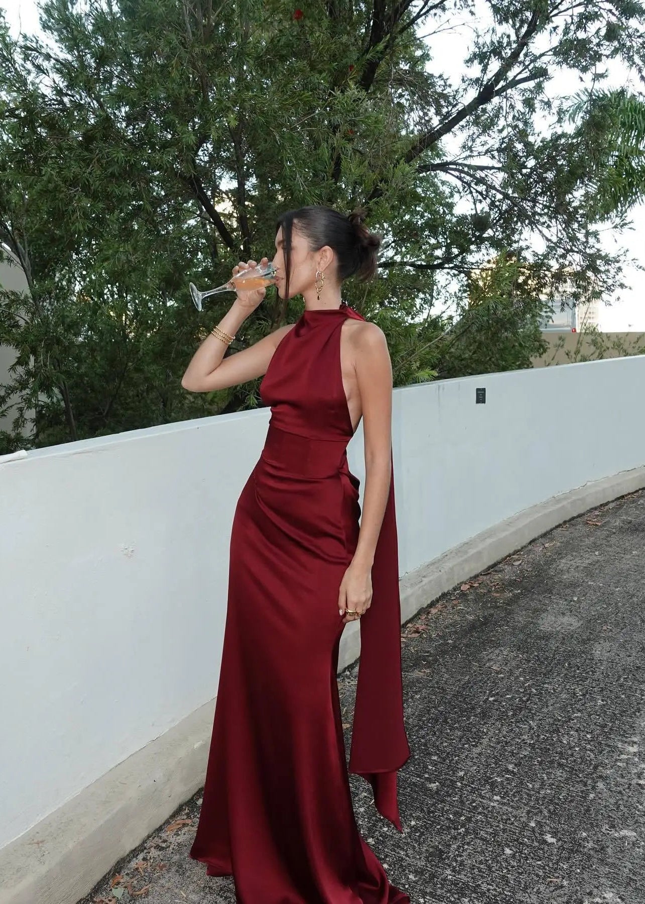 High-Neck Satin Backless Gown with Scarf Detail