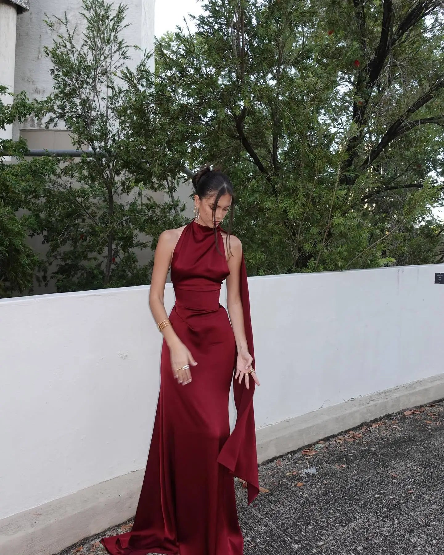 High-Neck Satin Backless Gown with Scarf Detail
