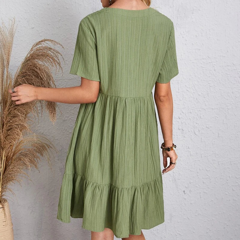 Boho V-Neck Textured Babydoll Mini Dress