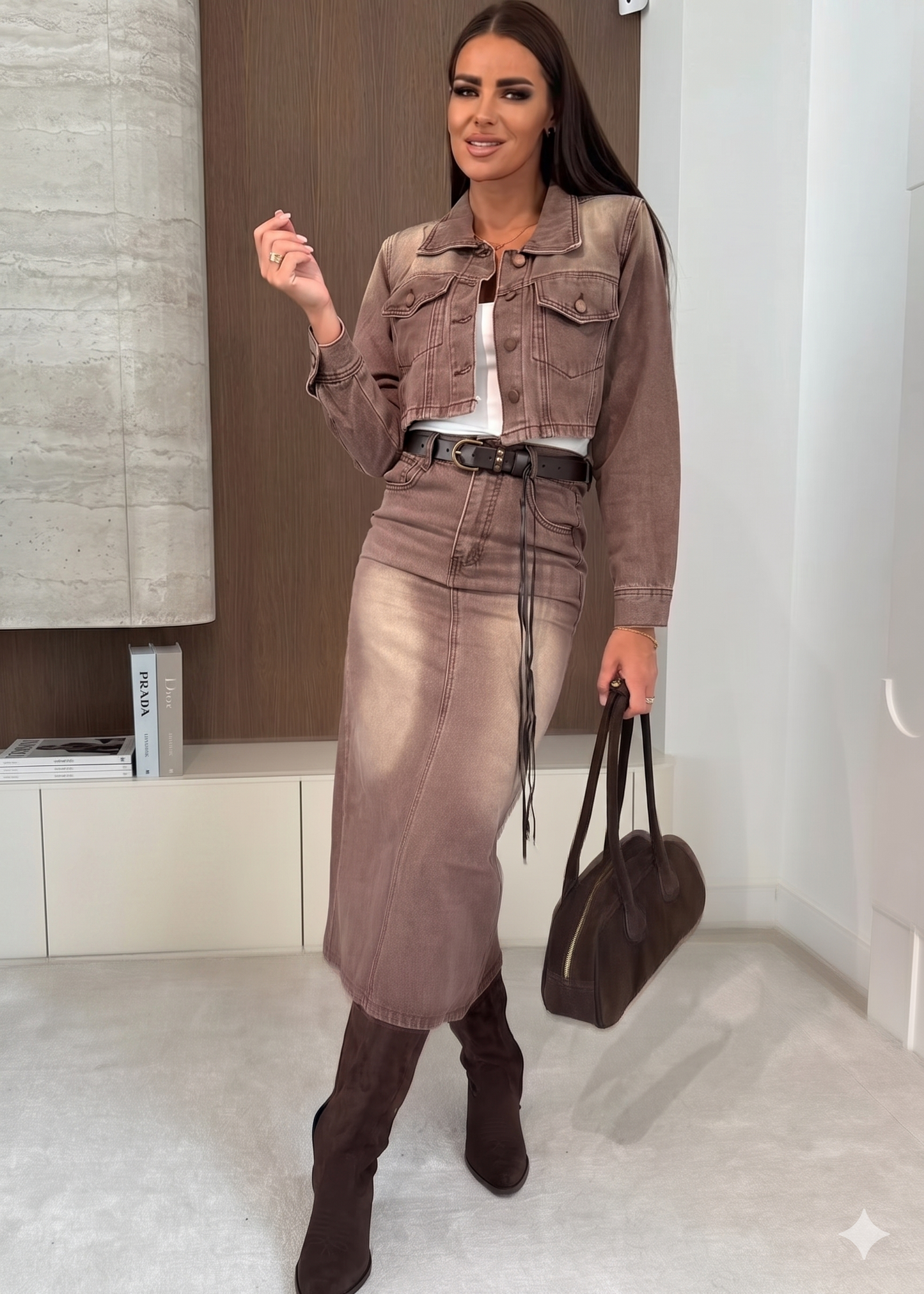 Brown Acid-Wash Denim Midi Set