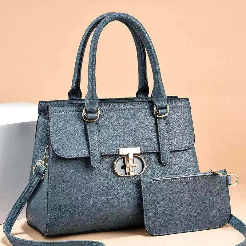 Elegant Pebble Grain Top-Handle Bag with Matching Pouch