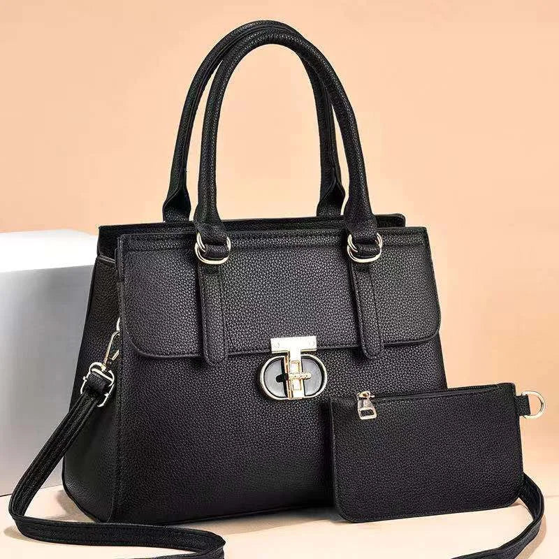Elegant Pebble Grain Top-Handle Bag with Matching Pouch