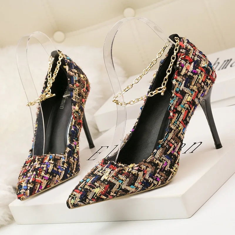 Elegant Tweed Chain Strap Stiletto Heels