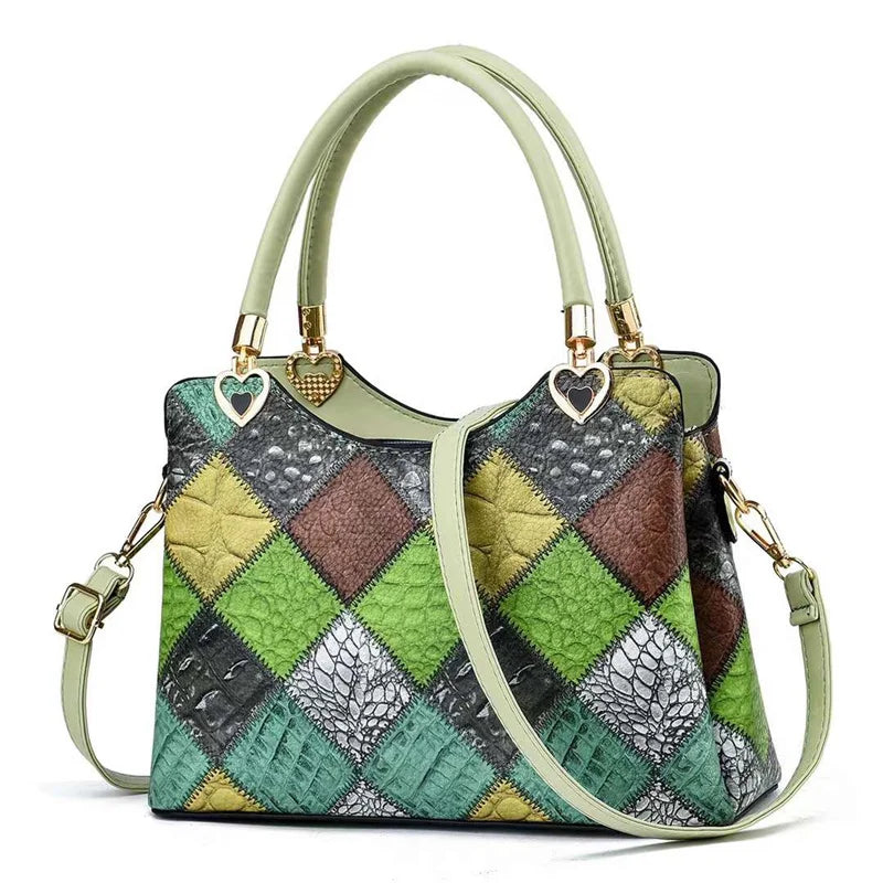 Harlequin Croc-Embossed Patchwork Satchel – Vibrant Multi-Color Handbag