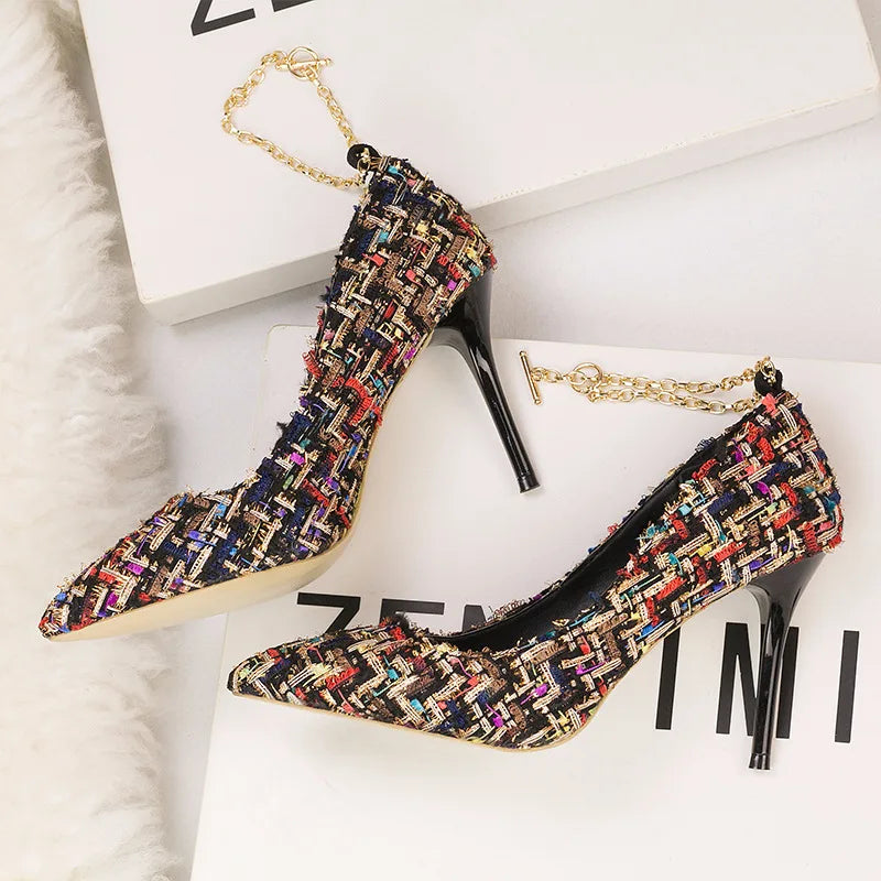 Elegant Tweed Chain Strap Stiletto Heels