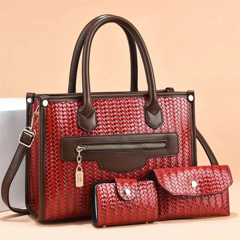 Woven Leather Handbag Set - 3 Piece Tote Bag with Wallet & Card Holder