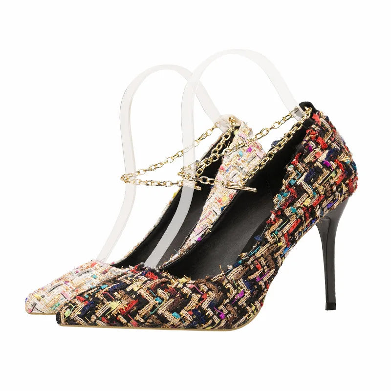 Elegant Tweed Chain Strap Stiletto Heels