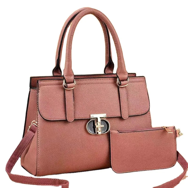 Elegant Pebble Grain Top-Handle Bag with Matching Pouch