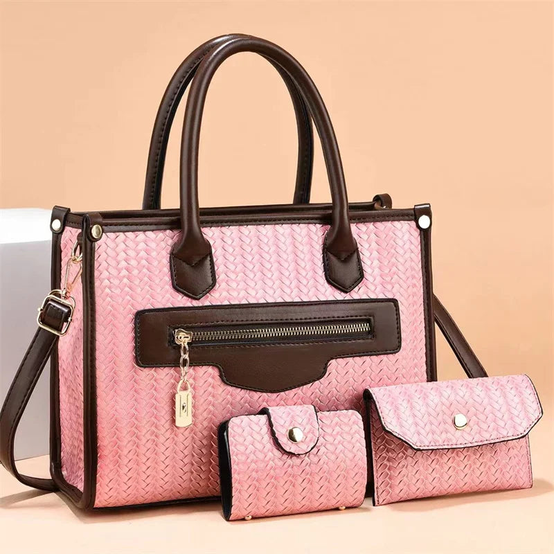 Woven Leather Handbag Set - 3 Piece Tote Bag with Wallet & Card Holder