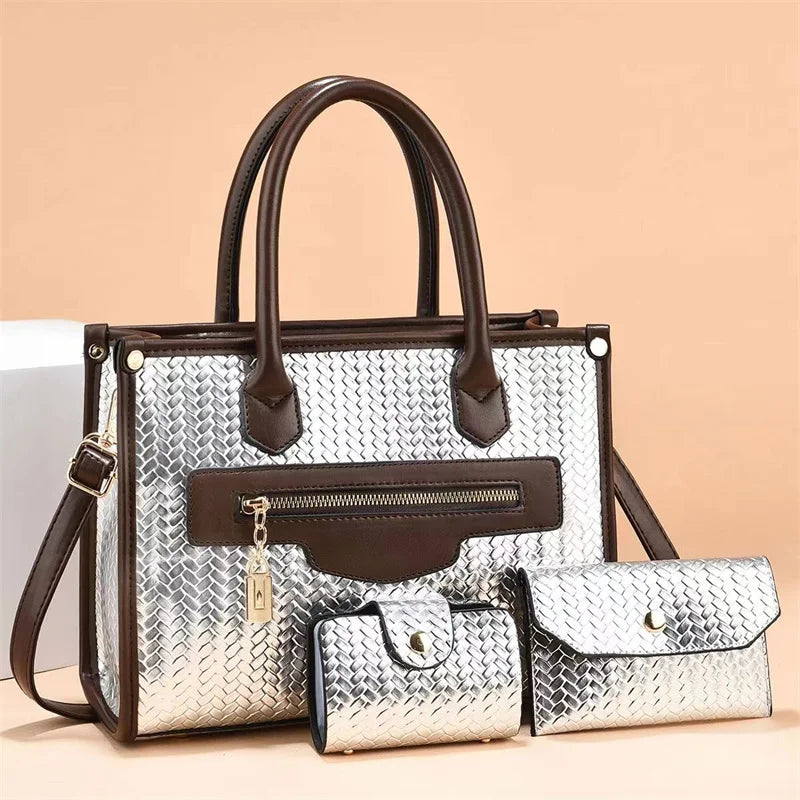 Woven Leather Handbag Set - 3 Piece Tote Bag with Wallet & Card Holder