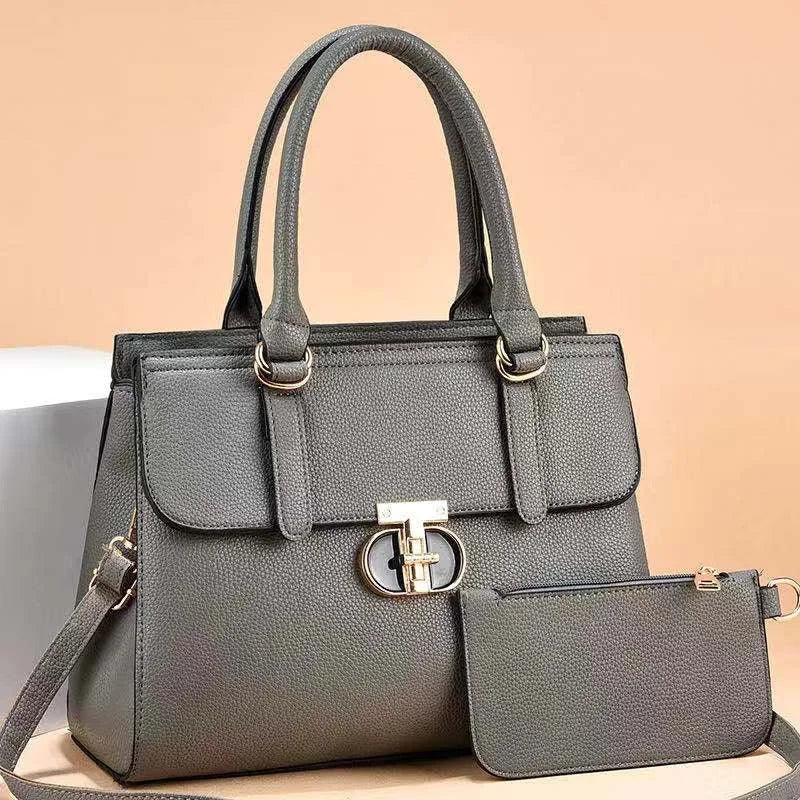 Elegant Pebble Grain Top-Handle Bag with Matching Pouch