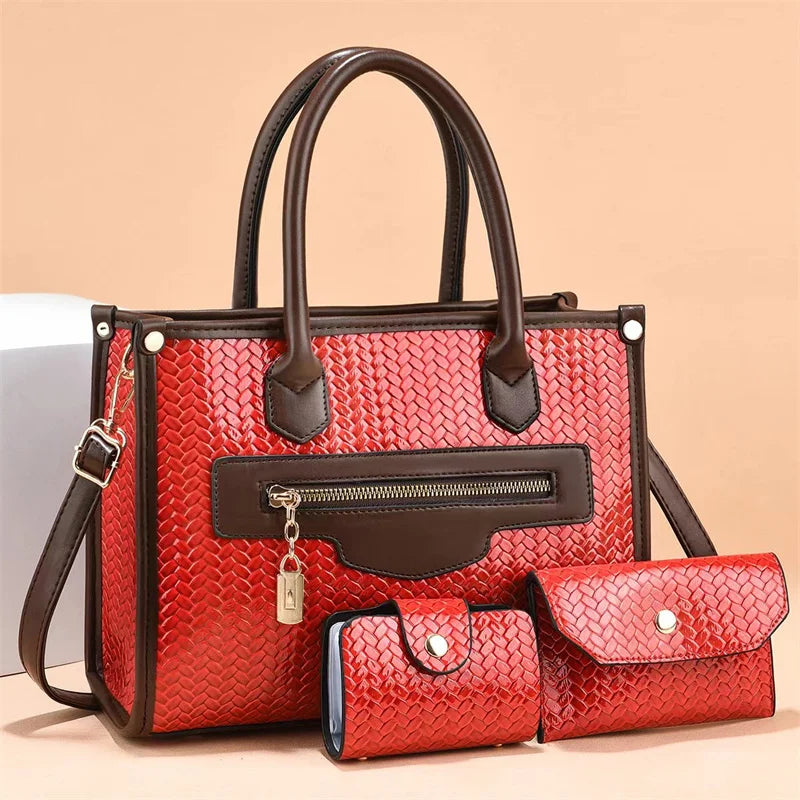 Woven Leather Handbag Set - 3 Piece Tote Bag with Wallet & Card Holder