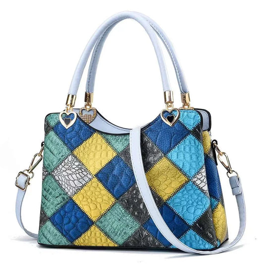 Harlequin Croc-Embossed Patchwork Satchel – Vibrant Multi-Color Handbag