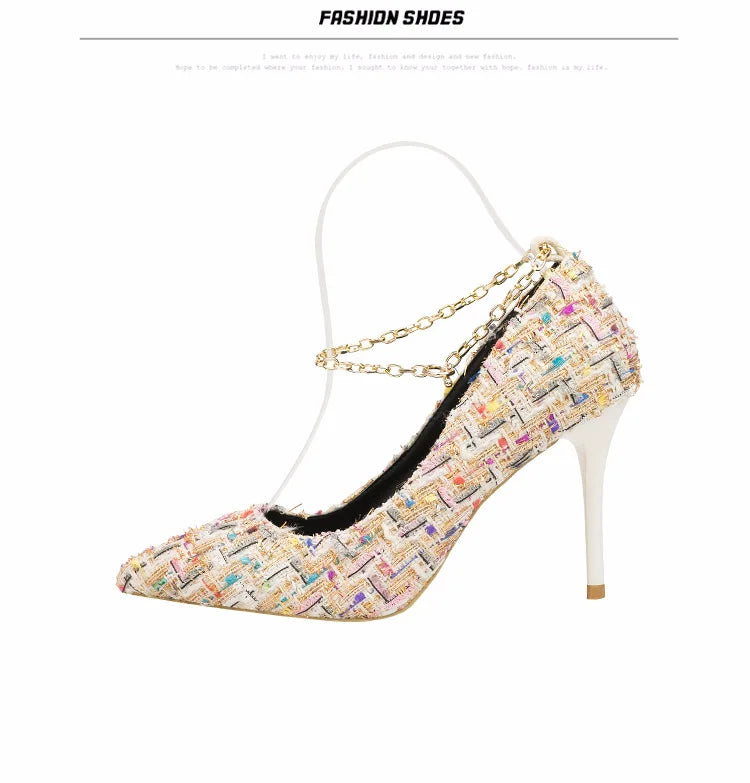 Elegant Tweed Chain Strap Stiletto Heels