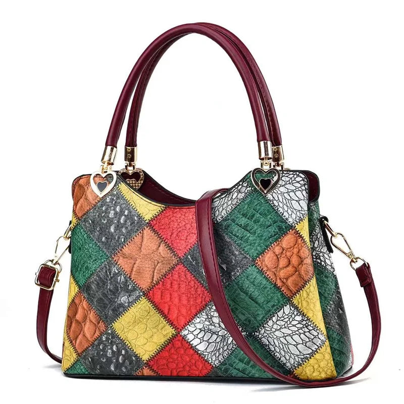 Harlequin Croc-Embossed Patchwork Satchel – Vibrant Multi-Color Handbag