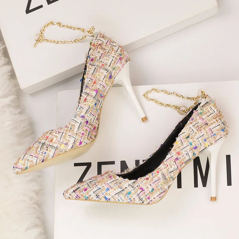 Elegant Tweed Chain Strap Stiletto Heels