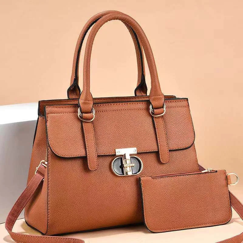 Elegant Pebble Grain Top-Handle Bag with Matching Pouch