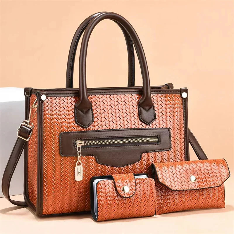Woven Leather Handbag Set - 3 Piece Tote Bag with Wallet & Card Holder