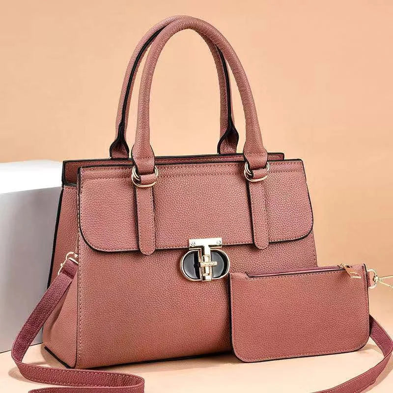 Elegant Pebble Grain Top-Handle Bag with Matching Pouch