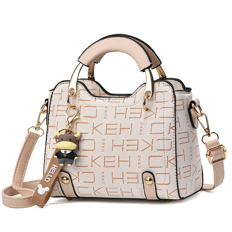 Chic Duo-Tone Top Handle Satchel with Bull Charm