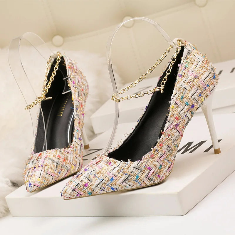 Elegant Tweed Chain Strap Stiletto Heels