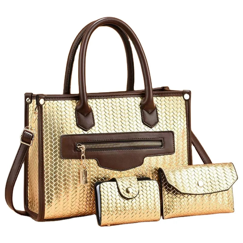 Woven Leather Handbag Set - 3 Piece Tote Bag with Wallet & Card Holder
