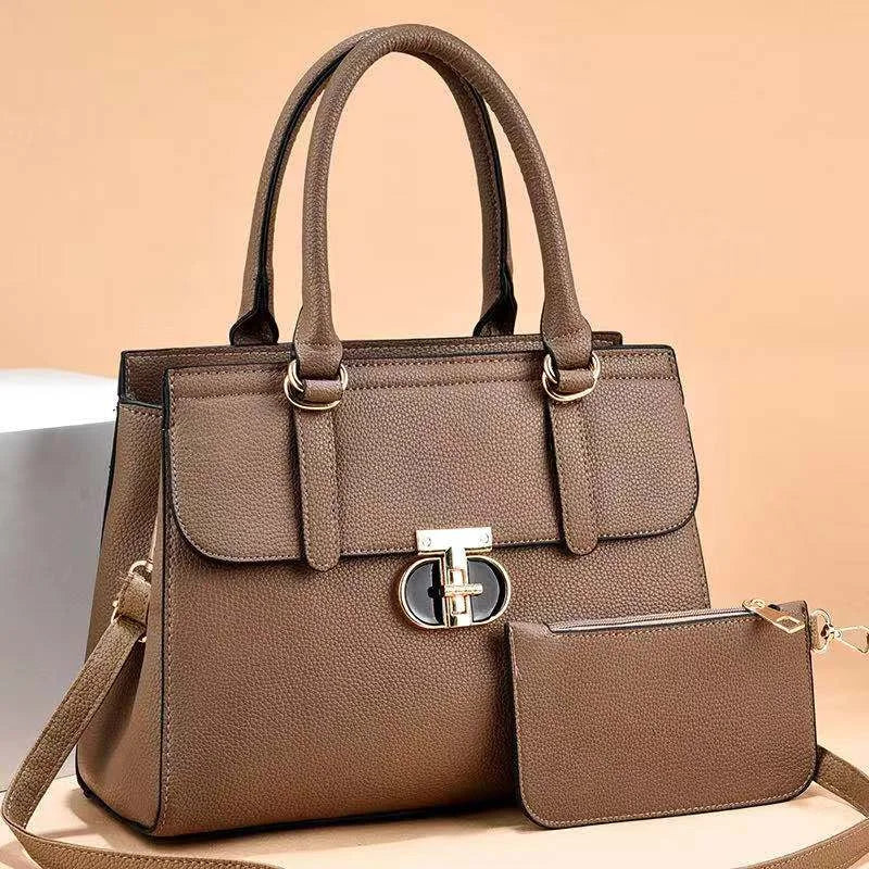 Elegant Pebble Grain Top-Handle Bag with Matching Pouch