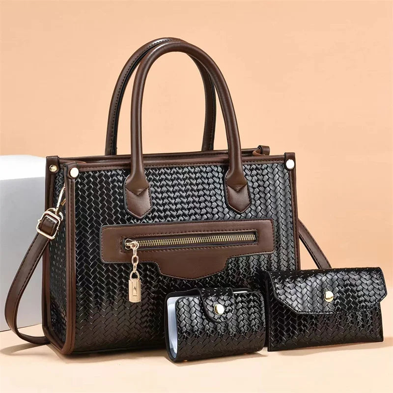 Woven Leather Handbag Set - 3 Piece Tote Bag with Wallet & Card Holder