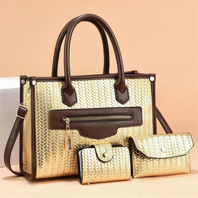 Woven Leather Handbag Set - 3 Piece Tote Bag with Wallet & Card Holder