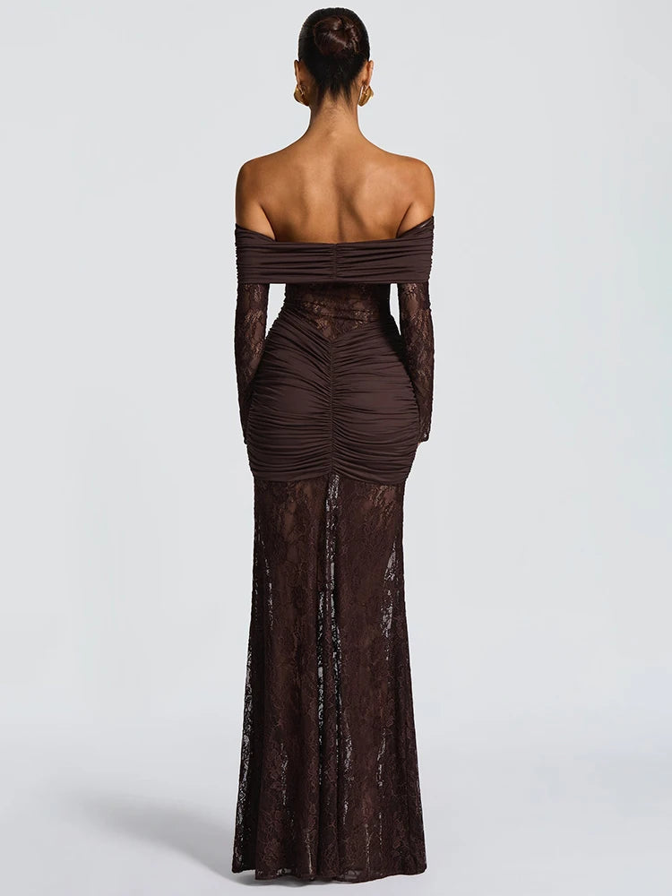 Lace & Ruched Off-The-Shoulder Evening Gown