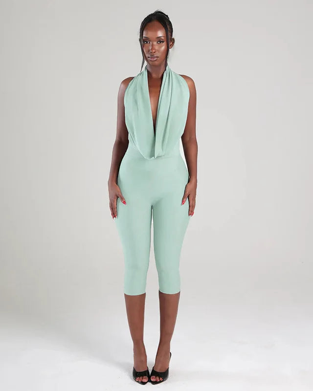 Deep-V Halter Capri Jumpsuit