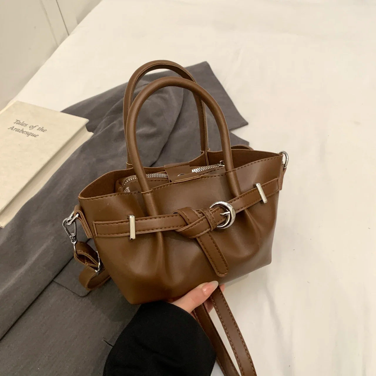 Minimalist Belted Vegan Leather Tote – Chic Top-Handle Mini Bag