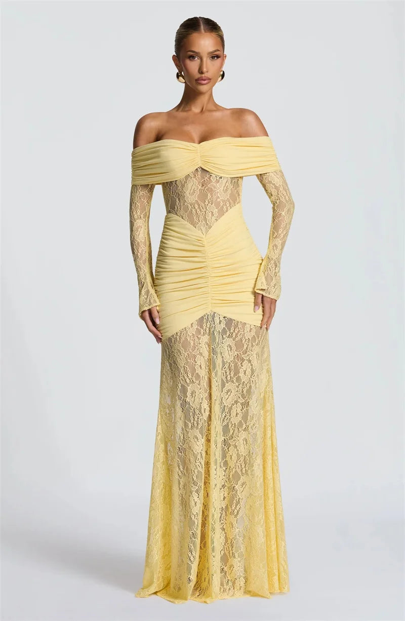 Lace & Ruched Off-The-Shoulder Evening Gown