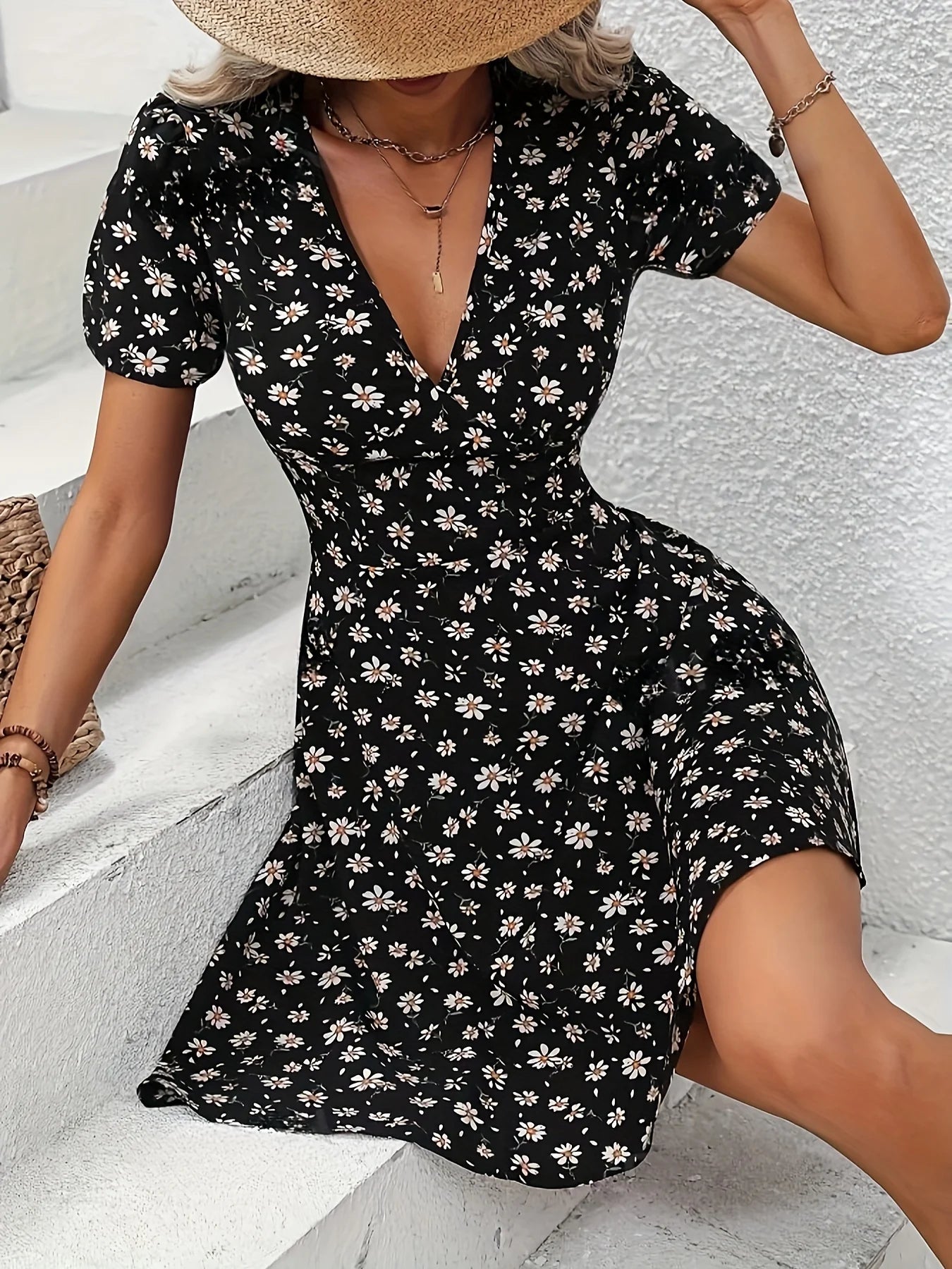 Floral V-Neck Puff Sleeve Mini Dress