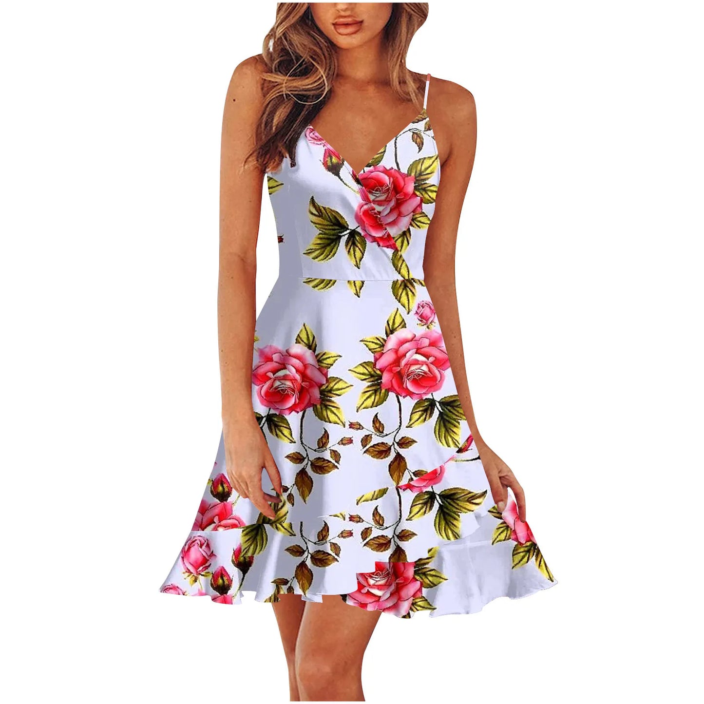 Floral V-Neck Spaghetti Strap Mini Dress with Ruffle Hem