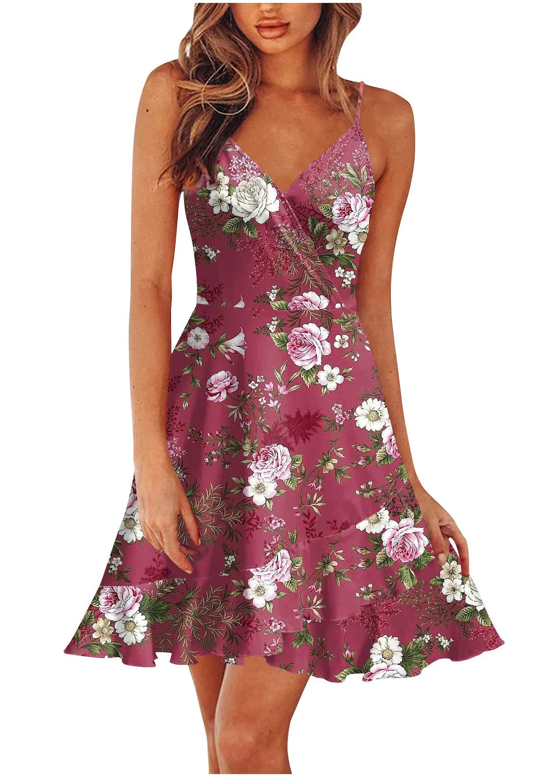 Floral V-Neck Spaghetti Strap Mini Dress with Ruffle Hem