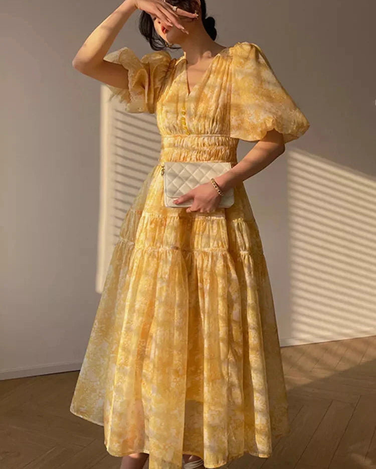 Golden Hour Floral Maxi Dress – Elegant Puff Sleeve Tiered Garden Dress