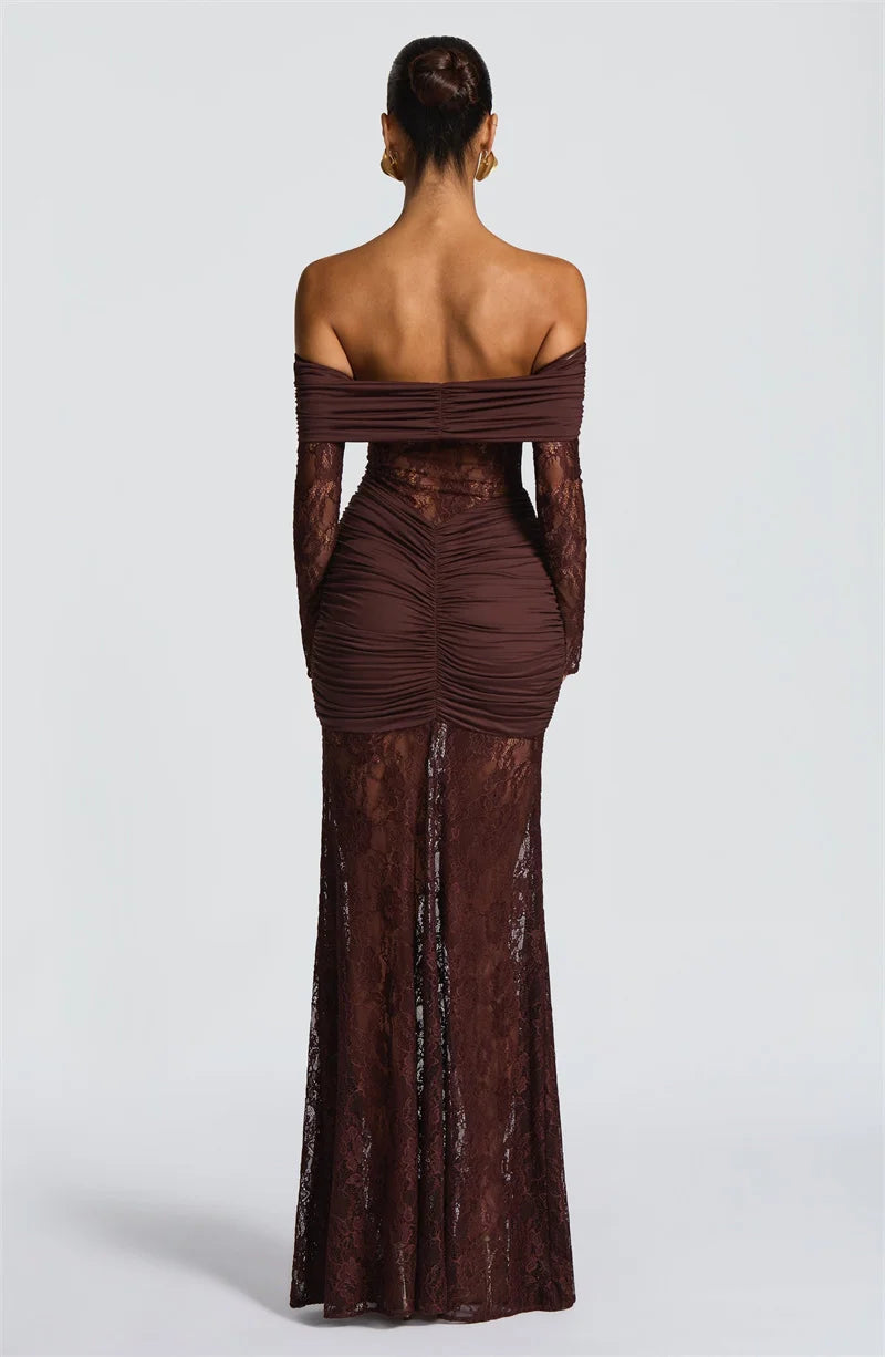 Lace & Ruched Off-The-Shoulder Evening Gown
