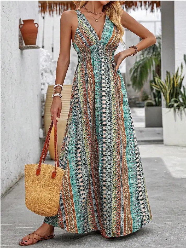 Tribal Print V-Neck Slit Maxi Dress