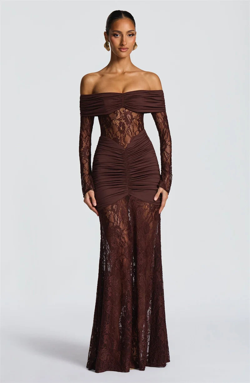 Lace & Ruched Off-The-Shoulder Evening Gown